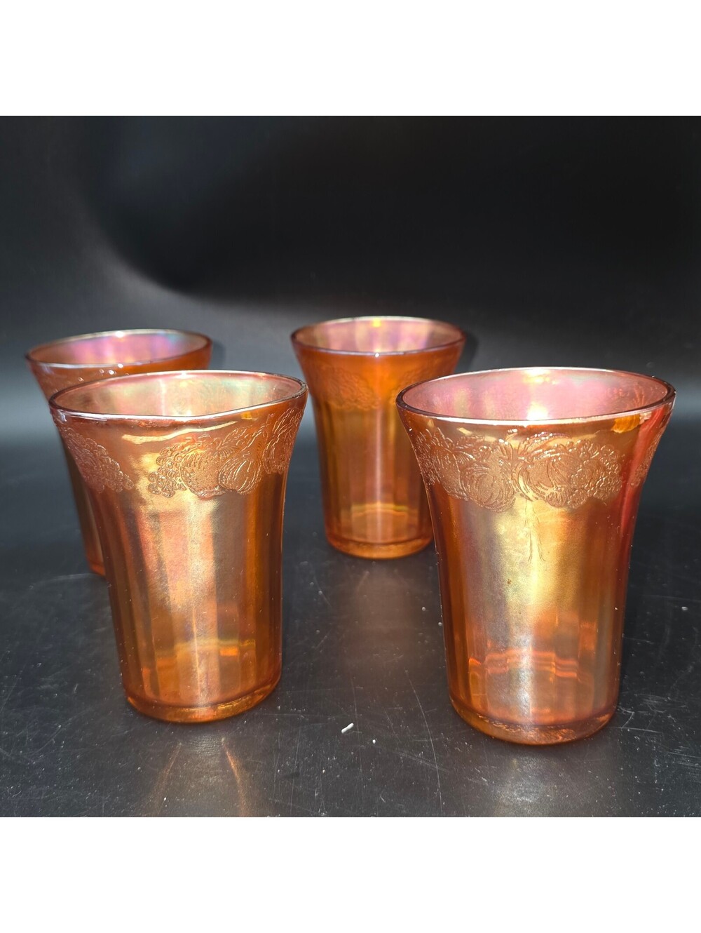 Vintage Federal Glass Fruit Lustre Marigold Carnival Glass Tumblers Set of 4
